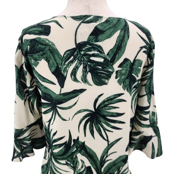 NEW H&M Womens 4 Top Tropical Leaf Ivory Green Bell Sleeve V-Neck Boho Party - Picture 6 of 10